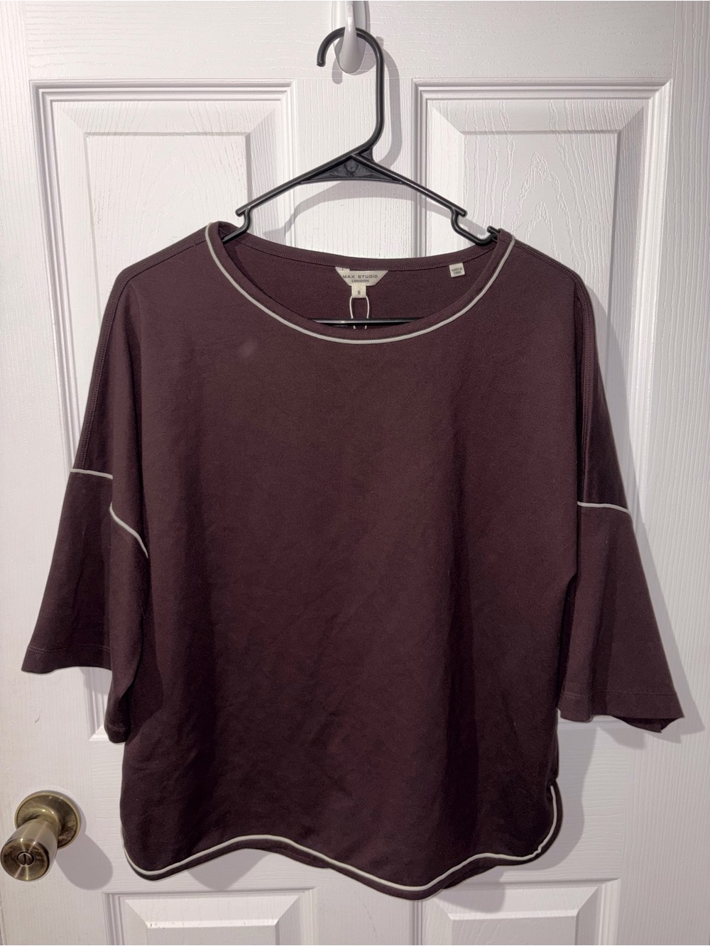 Max Studio Brown Boxy Top with Contrast Cream Piping